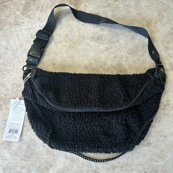 Black Sherpa/Sherling Crossbody Convertible Bum Bag - Picture 1 of 11